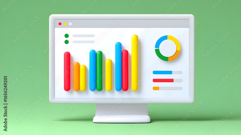Poster a colorful data visualization displayed on a computer monitor, featuring bar graphs and a pie chart 