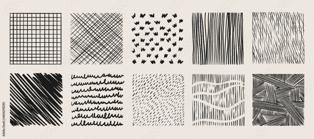 Poster crosshatch texture patterns set with hand drawn grid, diagonal lines and scribble marks for artistic