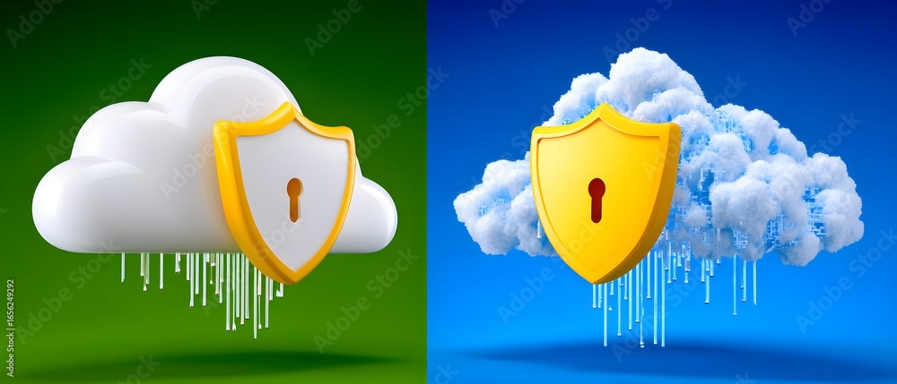 Poster a digital illustration showing two cloud icons, each with a shield and lock symbol, representing clo