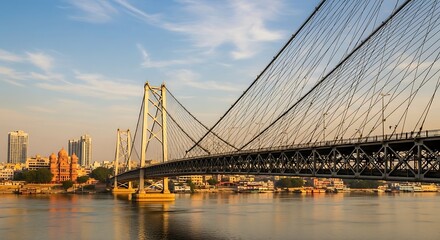Fototapeta premium Majestic Cable-Stayed Bridge Spanning River at Sunrise, Cityscape Backdrop.