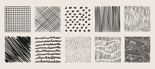 Crosshatch texture patterns set with hand drawn grid, diagonal lines and scribble marks for artistic backgrounds. Various hatching techniques - waves, dashes and geometric strokes for graphic design.