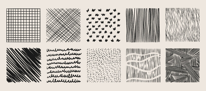 Crosshatch texture patterns set with hand drawn grid, diagonal lines and scribble marks for artistic backgrounds. Various hatching techniques - waves, dashes and geometric strokes for graphic design.