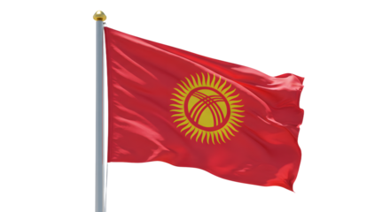 Waving national flag of Kyrgyzstan on flagpole with clear sky background, symbol of Central Asian country, perfect for cultural or travel themes