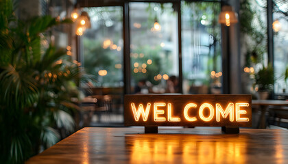 Welcome sign on a desk symbolizes a friendly onboarding process in a modern office.
