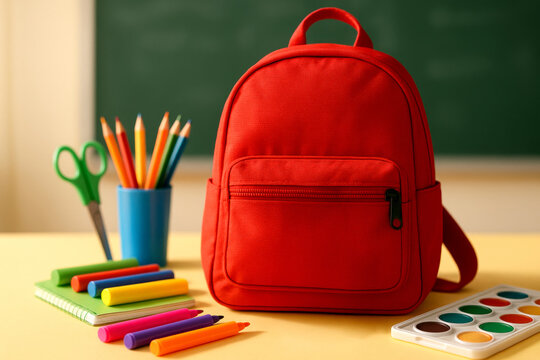 Bright red backpack on classroom table surrounded by colorful school supplies, pencils, crayons, and watercolor set