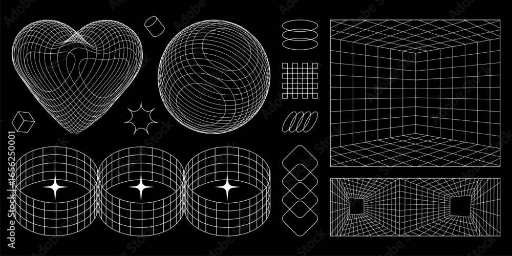 Poster wireframe shapes in cyber aesthetics - retro grid patterns with 3d geometric forms for digital art. 