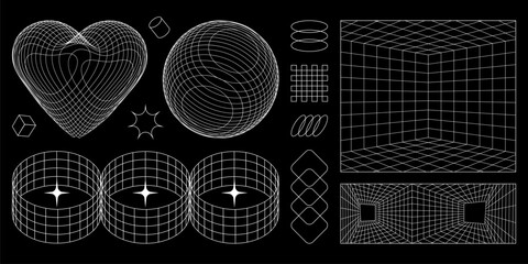 Wireframe shapes in cyber aesthetics - retro grid patterns with 3d geometric forms for digital art. Heart mesh, sphere and perspective rooms with cylindrical structures for futuristic interface design