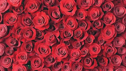 A close-up view of vibrant red roses arranged densely. The flowers display rich colors and intricate petal structures, ideal for romantic themes or floral designs. - Powered by Adobe