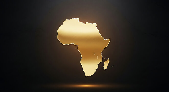 A golden, stylized map of Africa floating against a dark, gradient background. - Powered by Adobe
