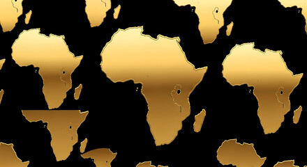 Multiple golden silhouettes of the African continent are scattered across a black background, creating a repeating pattern.