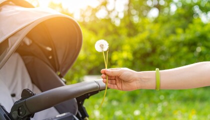 A hand offers a delicate dandelion seed head towards a baby stroller in a sunlit green outdoor setting, symbolizing nature and childhood.