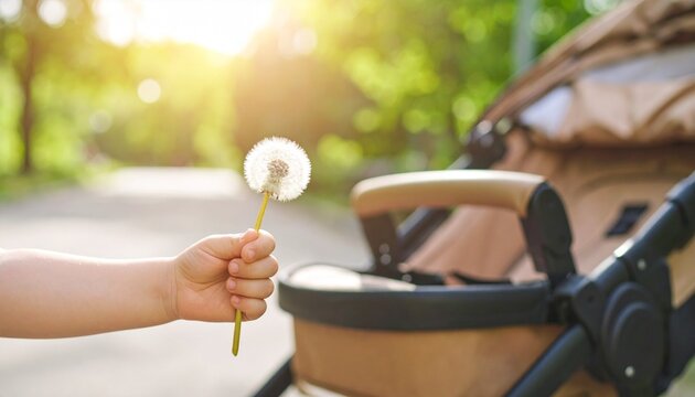 Child holding a dandelion seed head near a stroller in a park.