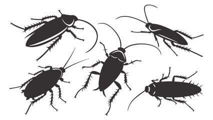 Collection of five stylized black cockroach silhouettes on a white background
