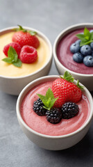 Minimalist healthy meals with fresh fruit smoothie bowls from overhead view