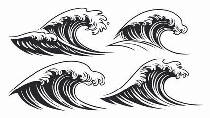 Collection of four stylized black and white ocean wave illustrations in a japanese art style