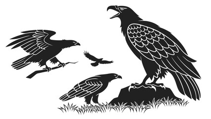 Majestic eagle silhouettes in various poses including flying perched and standing on a rock