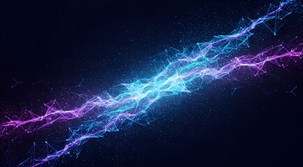A stunning abstract digital artwork features a central burst of light, composed of intricate, interwoven tendrils of glowing blue and purple energy. The tendrils trail outwards into a dark, starry voi
