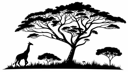 Silhouette of a giraffe walking under a large acacia tree in the african savanna landscape ©  AMINA 1122