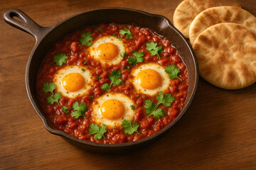 AI-Generated Middle Eastern Shakshuka - Cast iron pan with poached eggs in spiced tomato sauce and pita bread for authentic cultural breakfast.
