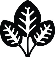 Stylized black and white silhouette of three heart shaped leaves with prominent veins on a stem