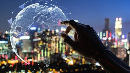 Futuristic Hand Touching Digital World Globe Over Cityscape Showing Technological Advancement - Powered by Adobe