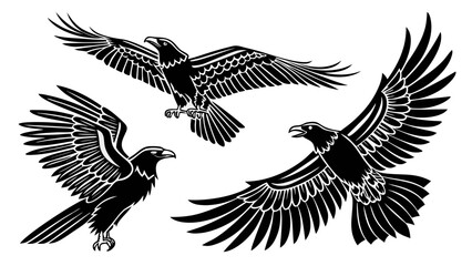 Three stylized black eagles in flight with wings spread wide against a white background