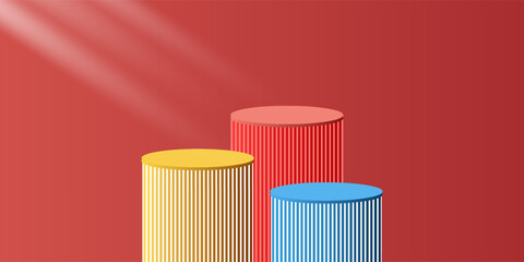 Colorful 3D Podium Stage with Yellow, Red, and Blue Cylinders on Red Background — Abstract Product Display Platform Design