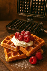 AI-Generated Belgian Waffles - Vintage cast iron waffle maker background with whipped cream, raspberries, and powdered sugar for artisanal bakery feel.