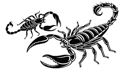 Two stylized black scorpions with segmented bodies and pincers displayed on a white background