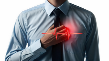 Man clutching chest with glowing red EKG line isolated on transparent background. Dramatic medical emergency concept with heart pain. Person experiencing chest pain with vital signs visualization.