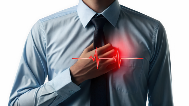 Man clutching chest with glowing red EKG line isolated on transparent background. Dramatic medical emergency concept with heart pain. Person experiencing chest pain with vital signs visualization. - Powered by Adobe