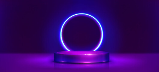 Game product podium with glowing neon ring and cylindrical platform illuminated by blue light on purple gradient background. Modern display stand for showcase items or awards with futuristic aesthetic