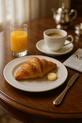 AI-Generated French Croissant Breakfast - Elegant hotel-style setting with butter, orange juice, coffee, and newspaper for sophisticated European breakfast concept.