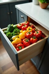 Sleek pull-out drawers brimming with colorful vegetables, modern kitchen, vegetable crisper