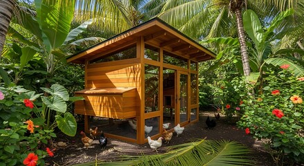 Obraz premium Beautiful backyard chicken coop design ideas for small spaces and tropical garden landscaping