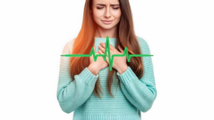Young woman in pain with green ECG line on chest isolated on transparent background. Woman experiencing emotional distress and heartache. Conceptual art for medical or emotional pain.
