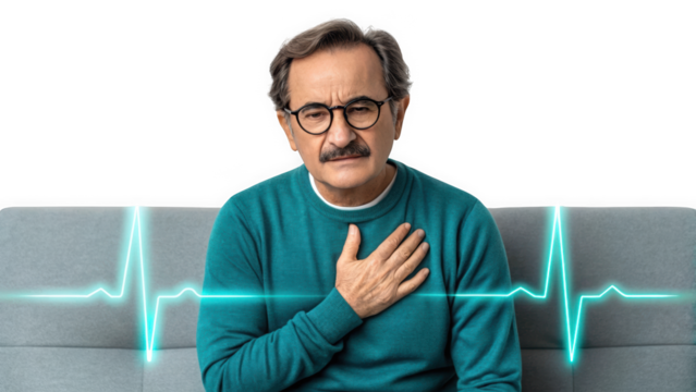 Man with chest pain and teal ECG line isolated on transparent background. Middle-aged man experiencing cardiac discomfort. Heart health awareness concept with EKG graphic. - Powered by Adobe