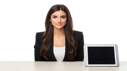 Professional woman with tablet at desk isolated on transparent background. Businesswoman with modern technology device. Confident female professional smiling.