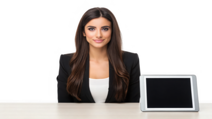 Professional woman with tablet at desk isolated on transparent background. Businesswoman with modern technology device. Confident female professional smiling.