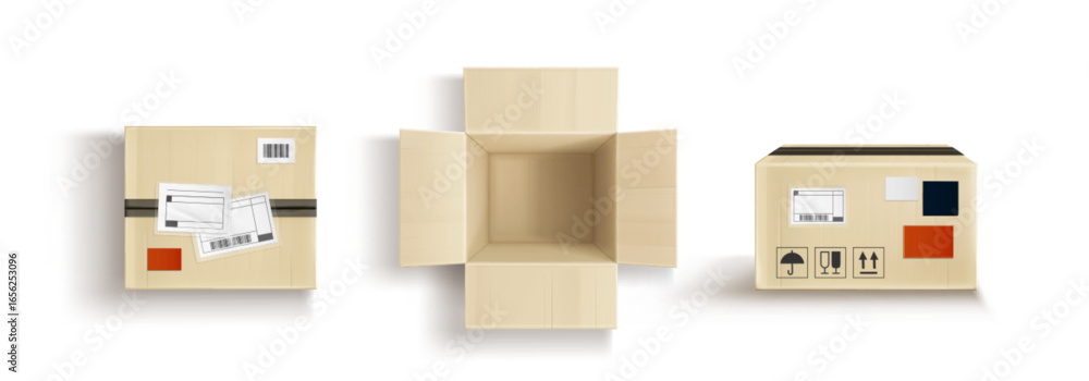 Poster open and closed cardboard box top view with flaps extended and empty inside for shipping or storage 