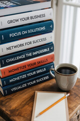 Obraz premium Unlock your potential with motivational books, coffee, and notes for business growth and success.