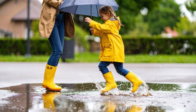 A mother and child enjoy a rainy day, splashing in puddles with an umbrella.