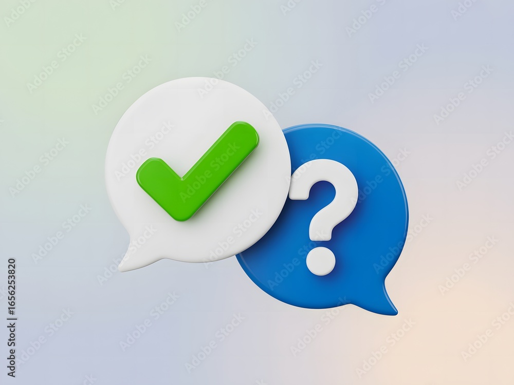 Poster two chat bubbles showing question and answer symbols illustrating solutions and problem solving on a