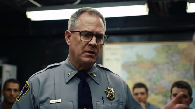 Stern law enforcement leader addresses his team in an indoor meeting area