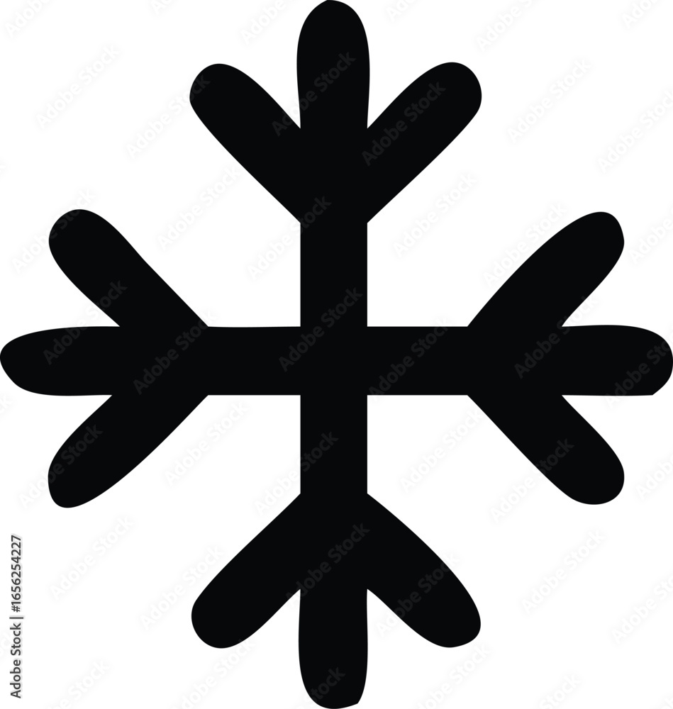 Poster a stylized black snowflake symbol with four pointed arms radiating from a central point against a st