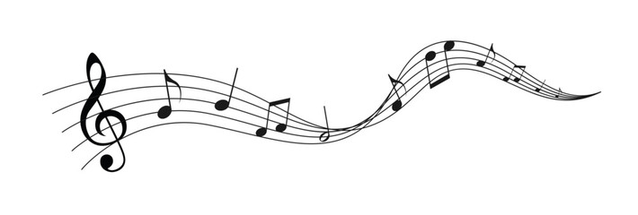Musical notes in decorative wavy pattern isolated on white background