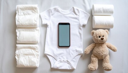 A flat lay of baby essentials including diapers, a white onesie, a teddy bear, and a smartphone on a white background.