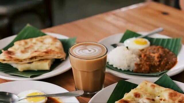 Traditional Nasi Lemak Malaysian breakfast with teh tarik