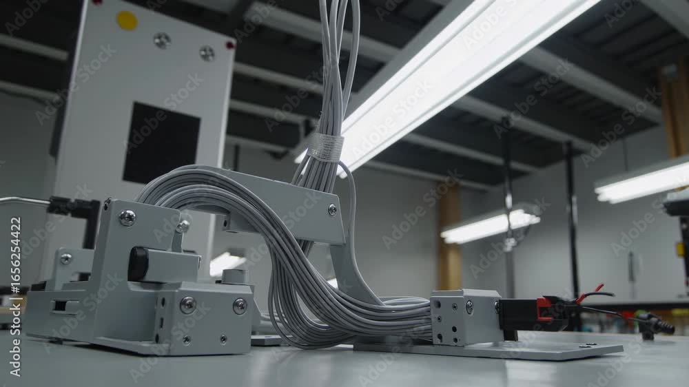 Poster industrial workspace featuring complex machinery and wiring in a calm and organized setting with ove