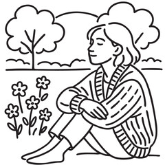 Woman in knitting cardigan sitting and thinking. Cartoon sketch